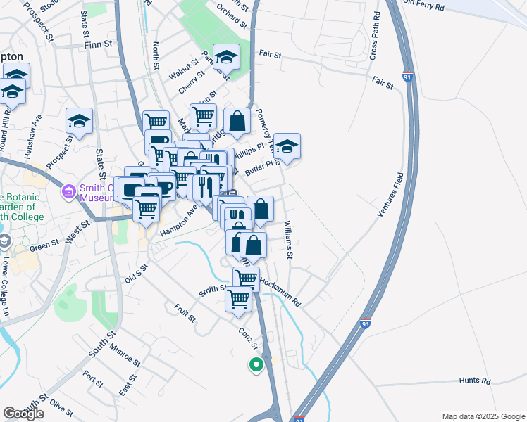 map of restaurants, bars, coffee shops, grocery stores, and more near 102 Hawley Street in Northampton