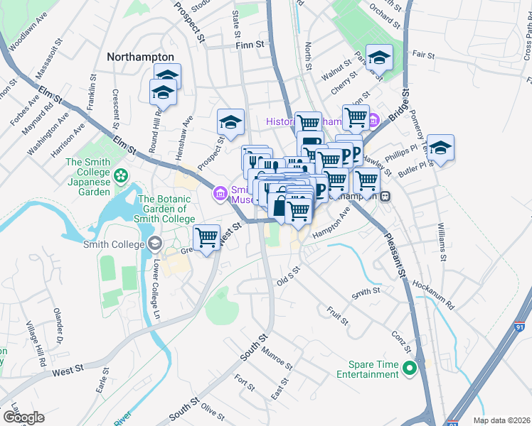 map of restaurants, bars, coffee shops, grocery stores, and more near 5765 Masonic Street in Northampton