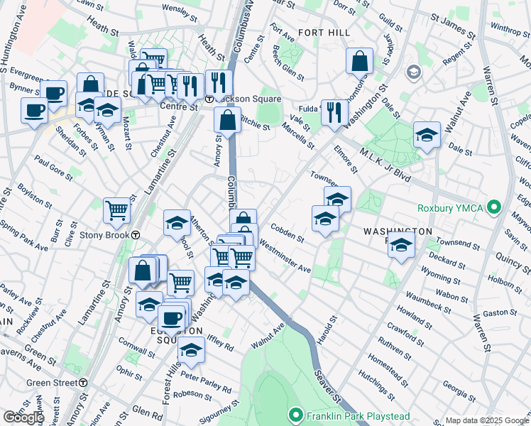 map of restaurants, bars, coffee shops, grocery stores, and more near 2971 Washington Street in Boston