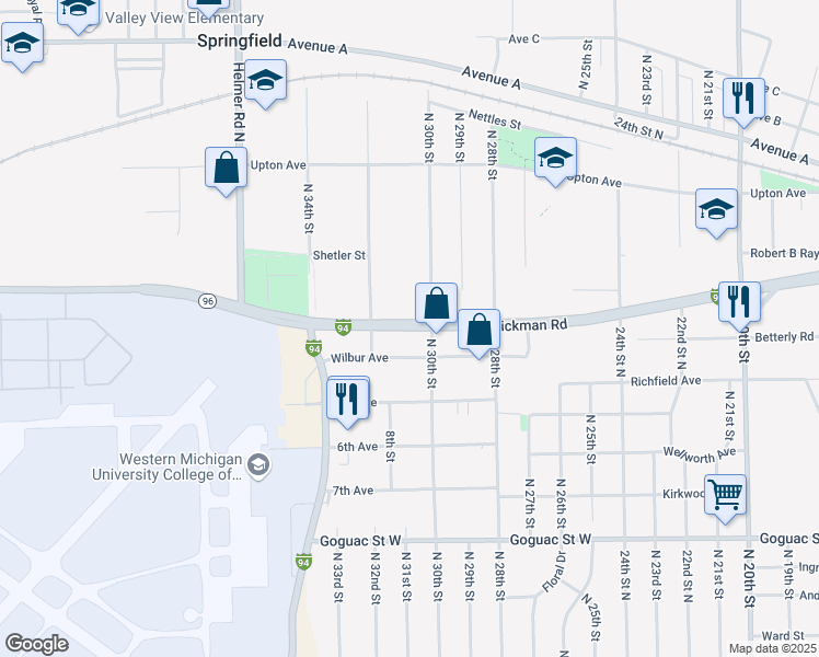 map of restaurants, bars, coffee shops, grocery stores, and more near 2943 West Dickman Road in Battle Creek