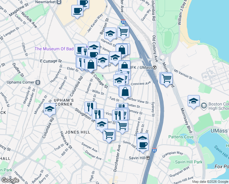 map of restaurants, bars, coffee shops, grocery stores, and more near 15 Howes Street in Boston