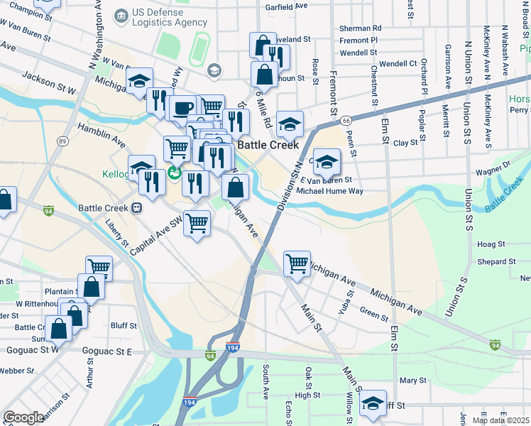 map of restaurants, bars, coffee shops, grocery stores, and more near 67 East Michigan Avenue in Battle Creek