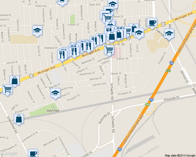map of restaurants, bars, coffee shops, grocery stores, and more near 13859 Barclay Street in Dearborn