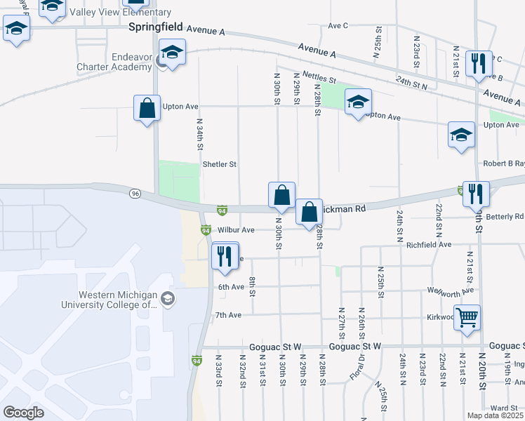 map of restaurants, bars, coffee shops, grocery stores, and more near 2943 West Dickman Road in Battle Creek