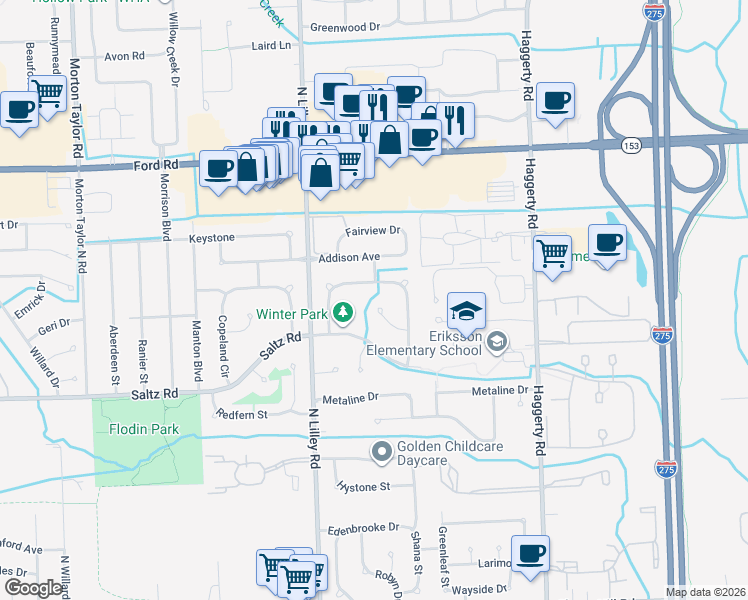 map of restaurants, bars, coffee shops, grocery stores, and more near 42166 Cherrylawn Court in Canton