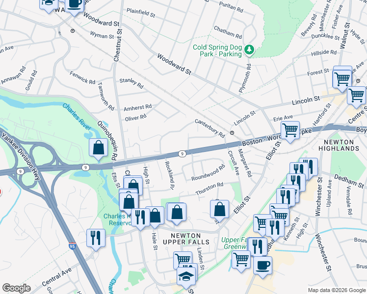 map of restaurants, bars, coffee shops, grocery stores, and more near 1175 Boylston Street in Newton