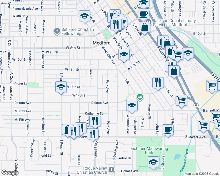map of restaurants, bars, coffee shops, grocery stores, and more near 605 Park Avenue in Medford