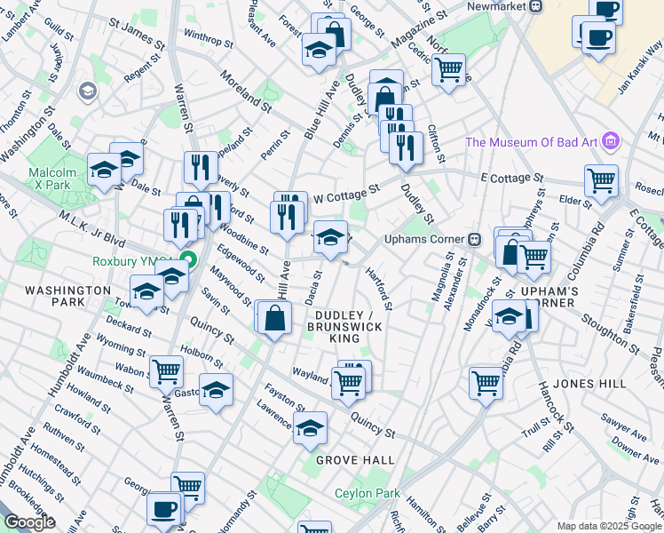 map of restaurants, bars, coffee shops, grocery stores, and more near 35 Brookford Street in Boston