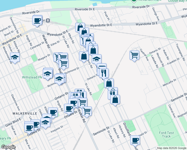 map of restaurants, bars, coffee shops, grocery stores, and more near 1191 Hickory Road in Windsor