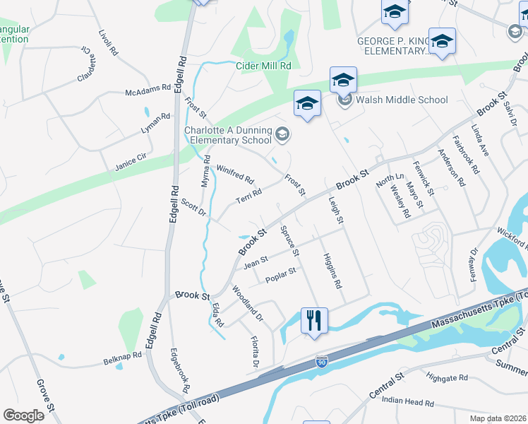 map of restaurants, bars, coffee shops, grocery stores, and more near 445 Brook Street in Framingham