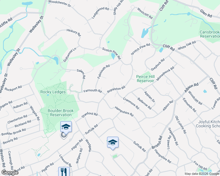 map of restaurants, bars, coffee shops, grocery stores, and more near 9 Yarmouth Road in Wellesley