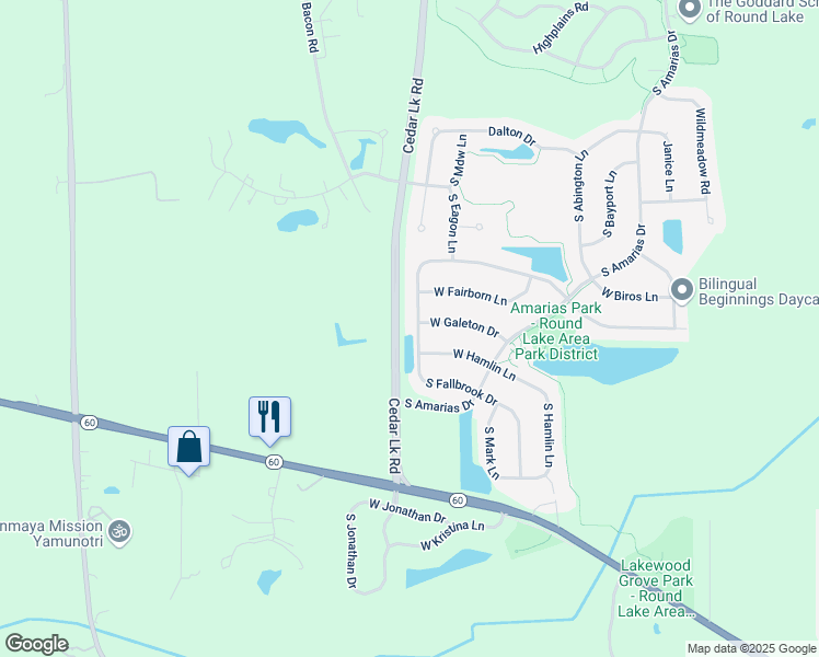 map of restaurants, bars, coffee shops, grocery stores, and more near 1636 South Fallbrook Drive in Round Lake