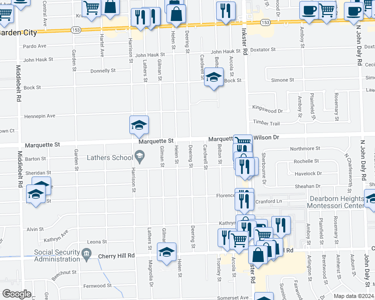 map of restaurants, bars, coffee shops, grocery stores, and more near 1011 Deering Street in Garden City