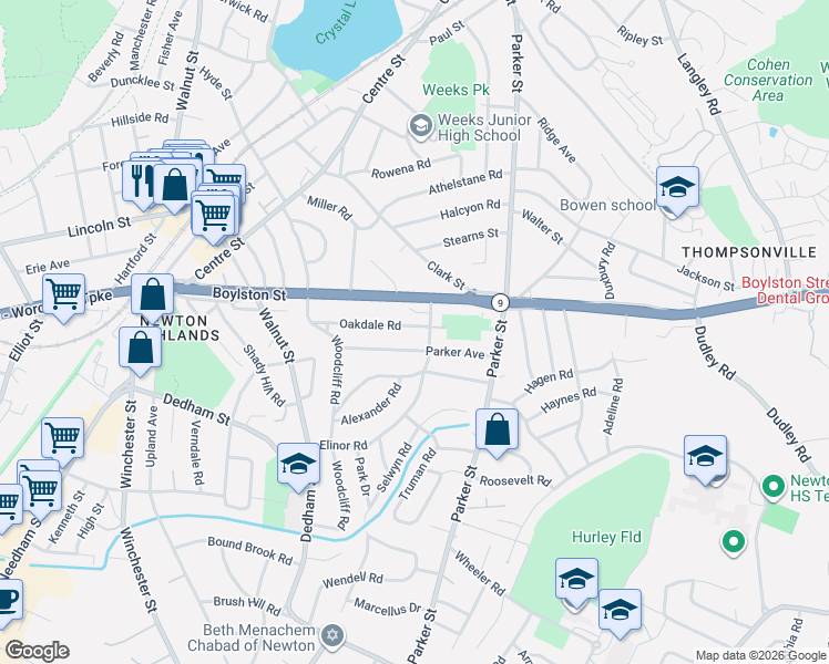 map of restaurants, bars, coffee shops, grocery stores, and more near 31 Walnut Hill Road in Newton