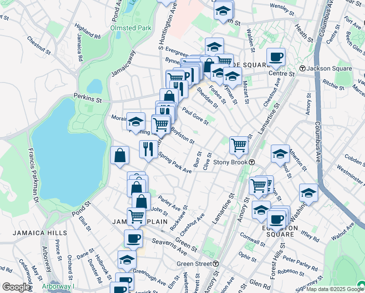 map of restaurants, bars, coffee shops, grocery stores, and more near 51 Roseway Street in Boston