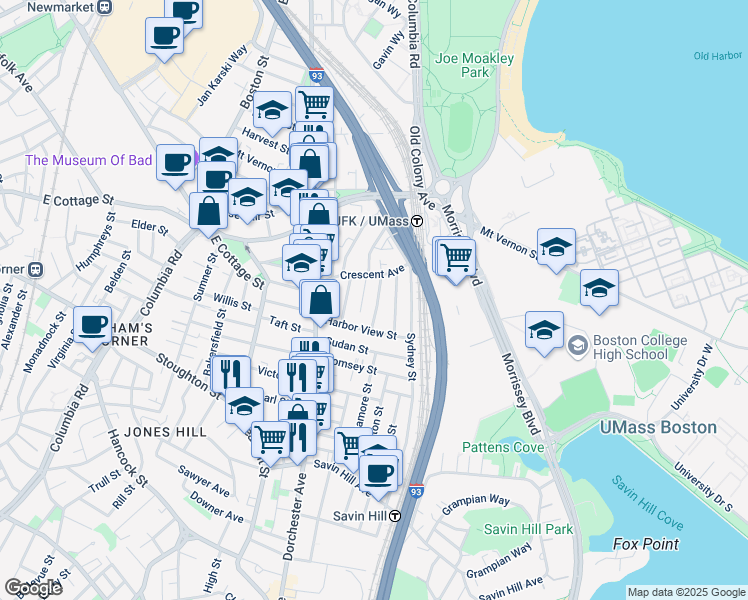 map of restaurants, bars, coffee shops, grocery stores, and more near 21 Spring Garden Street in Boston
