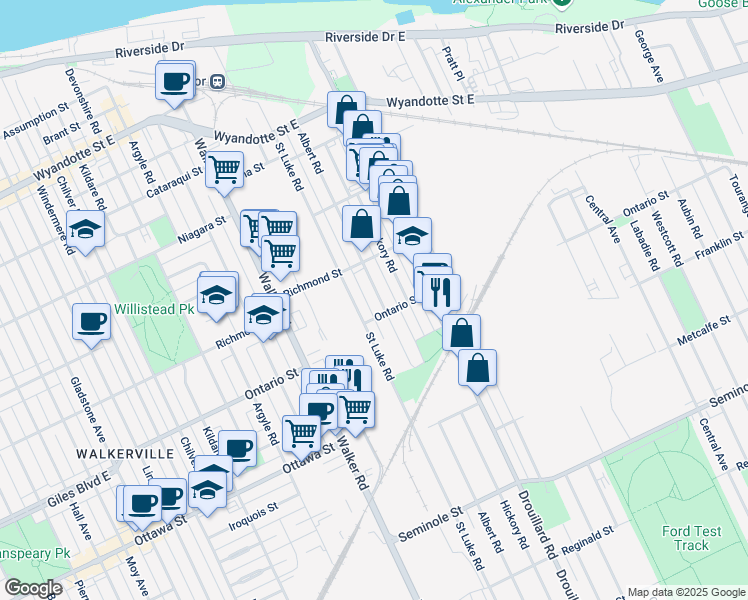 map of restaurants, bars, coffee shops, grocery stores, and more near 1171 Albert Road in Windsor