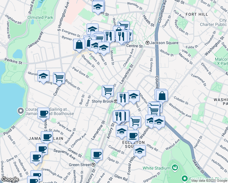 map of restaurants, bars, coffee shops, grocery stores, and more near 155 Lamartine Street in Boston