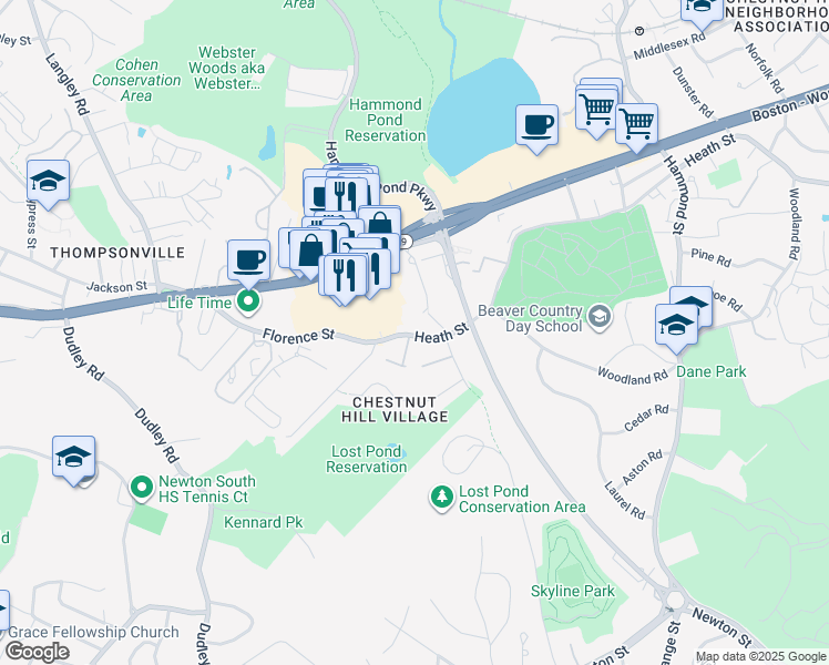 map of restaurants, bars, coffee shops, grocery stores, and more near 813 Heath Street in Brookline