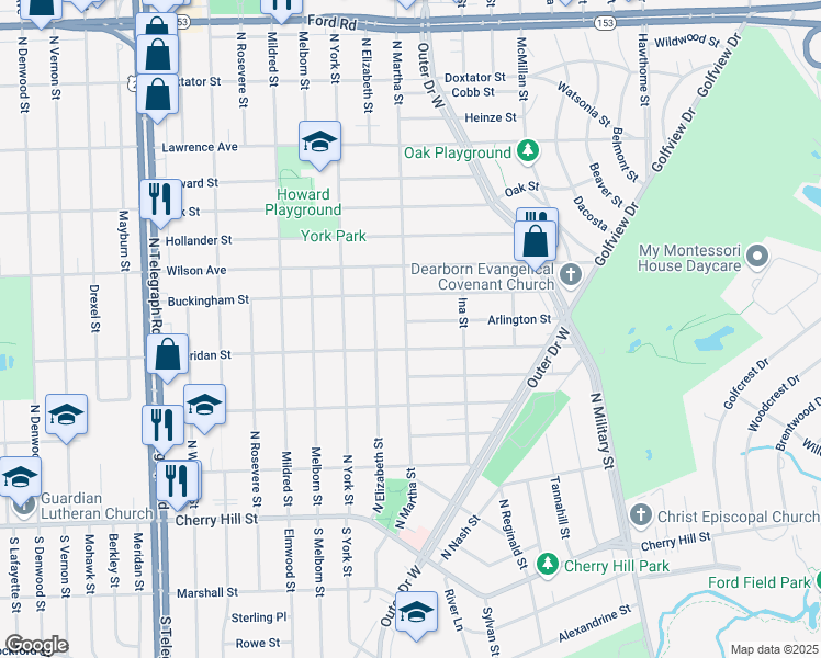 map of restaurants, bars, coffee shops, grocery stores, and more near 23151 Arlington Street in Dearborn