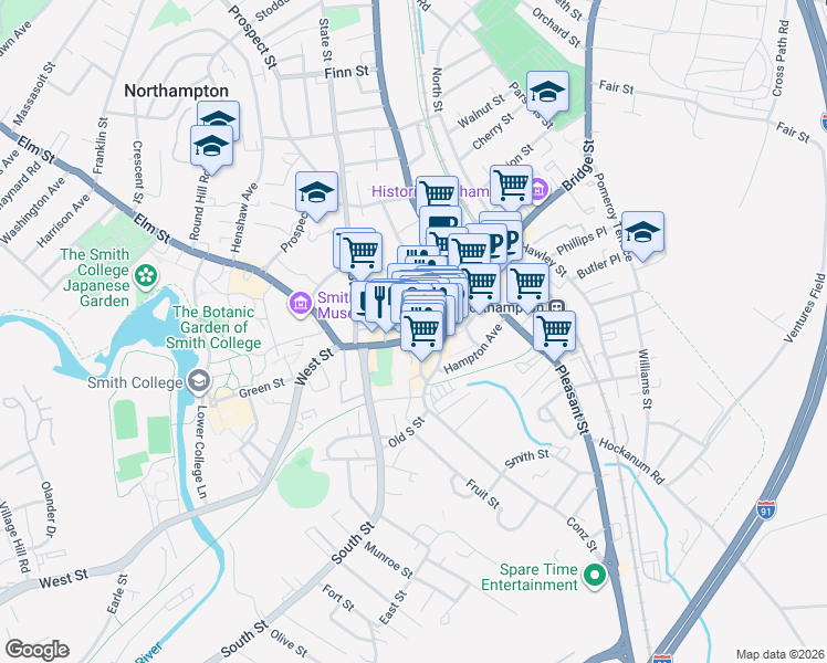 map of restaurants, bars, coffee shops, grocery stores, and more near 184 Main Street in Northampton