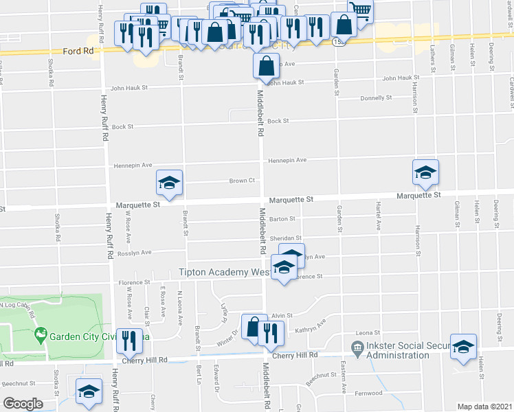 map of restaurants, bars, coffee shops, grocery stores, and more near 29415 Marquette Street in Garden City