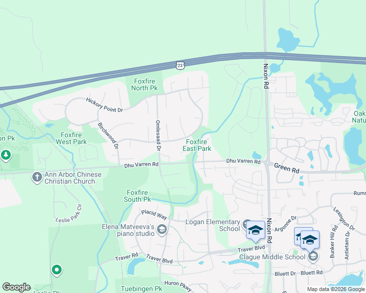 map of restaurants, bars, coffee shops, grocery stores, and more near 3091 Deer Creek Court in Ann Arbor