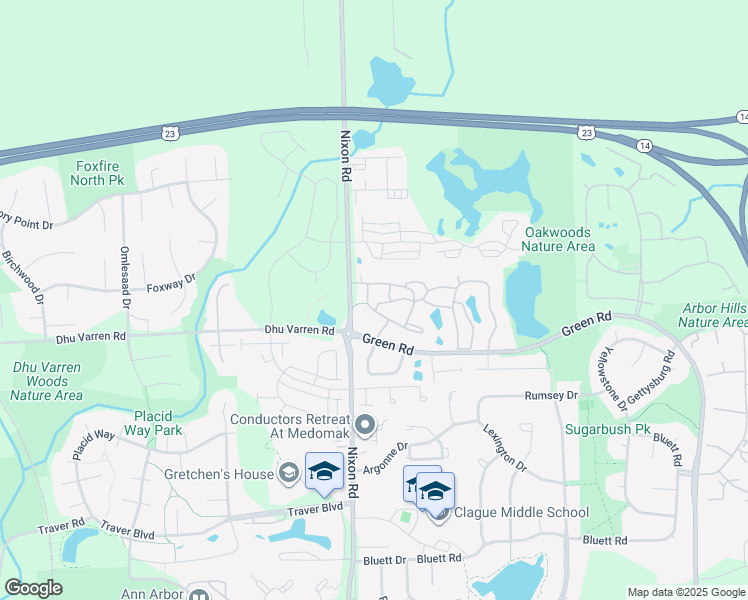 map of restaurants, bars, coffee shops, grocery stores, and more near 2800 Windwood Drive in Ann Arbor