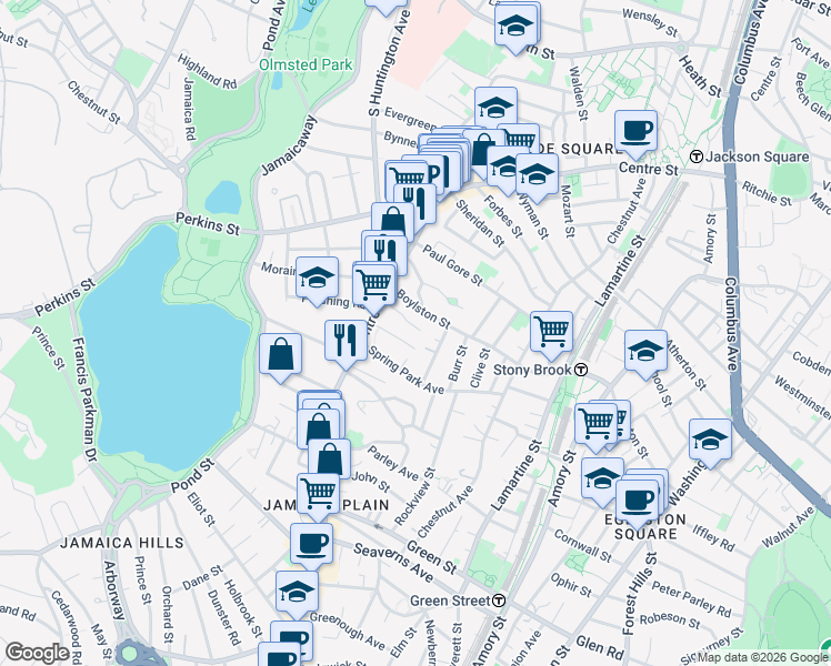 map of restaurants, bars, coffee shops, grocery stores, and more near 51 Roseway Street in Boston