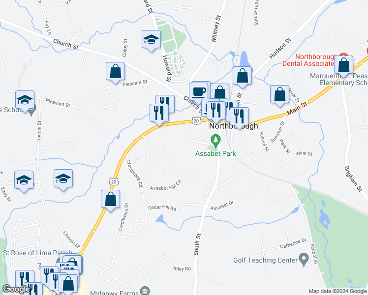map of restaurants, bars, coffee shops, grocery stores, and more near 20 Monroe Street in Northborough