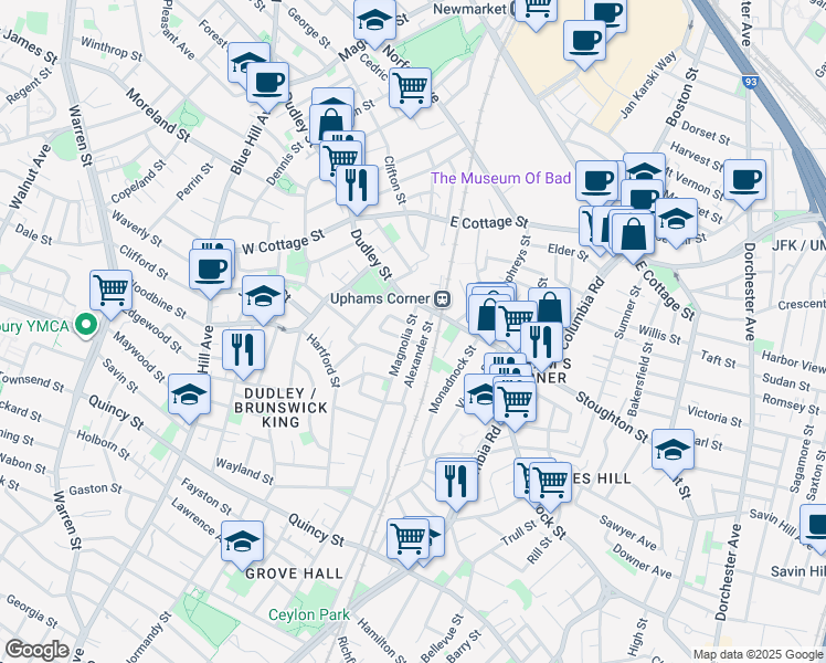 map of restaurants, bars, coffee shops, grocery stores, and more near 28 Magnolia Street in Boston
