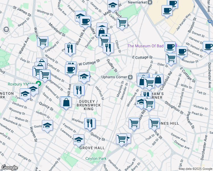 map of restaurants, bars, coffee shops, grocery stores, and more near 1 Hartford Terrace in Boston