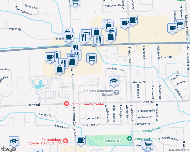 map of restaurants, bars, coffee shops, grocery stores, and more near 45165 Horseshoe Drive in Canton
