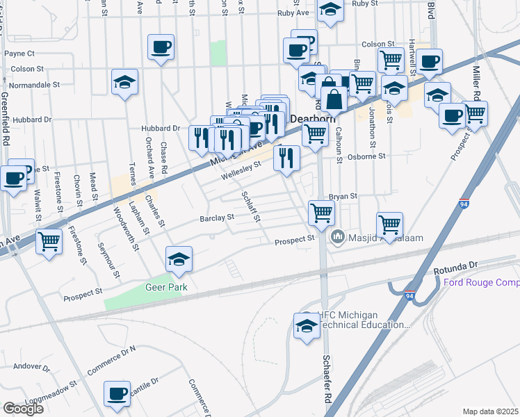map of restaurants, bars, coffee shops, grocery stores, and more near 14266 Barclay Street in Dearborn