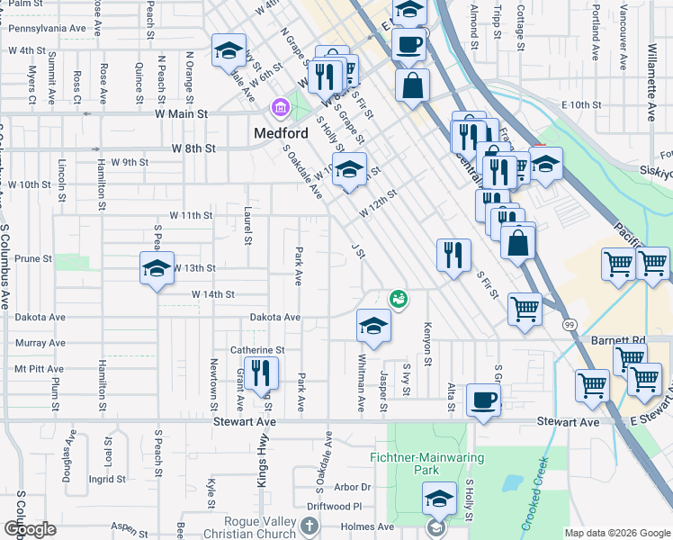 map of restaurants, bars, coffee shops, grocery stores, and more near 611 South Oakdale Avenue in Medford