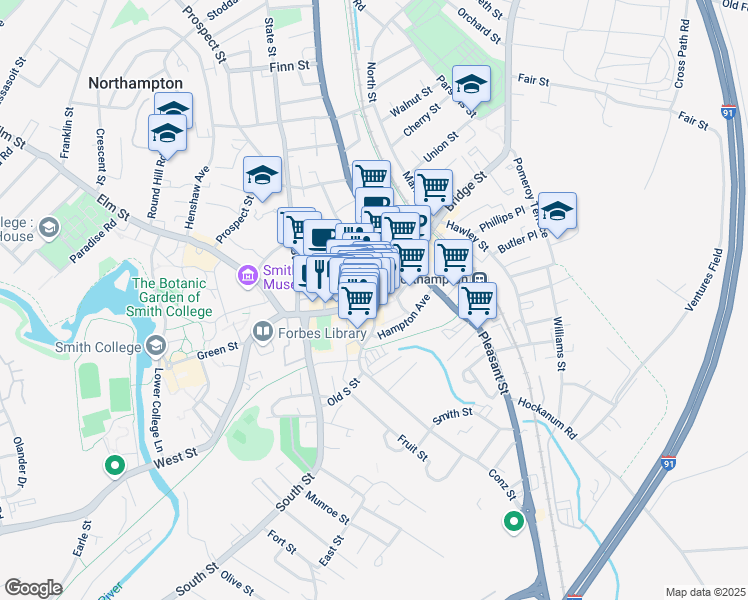 map of restaurants, bars, coffee shops, grocery stores, and more near 184 Main Street in Northampton