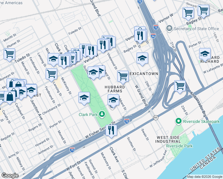 map of restaurants, bars, coffee shops, grocery stores, and more near in Detroit