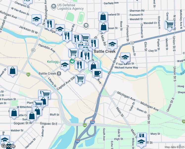 map of restaurants, bars, coffee shops, grocery stores, and more near 28 West Michigan Avenue in Battle Creek