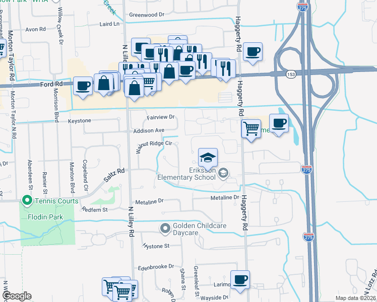 map of restaurants, bars, coffee shops, grocery stores, and more near 1719 Walnut Ridge Circle in Canton