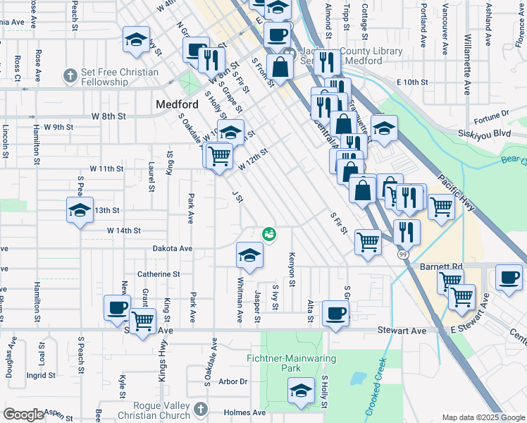 map of restaurants, bars, coffee shops, grocery stores, and more near 632 South Ivy Street in Medford