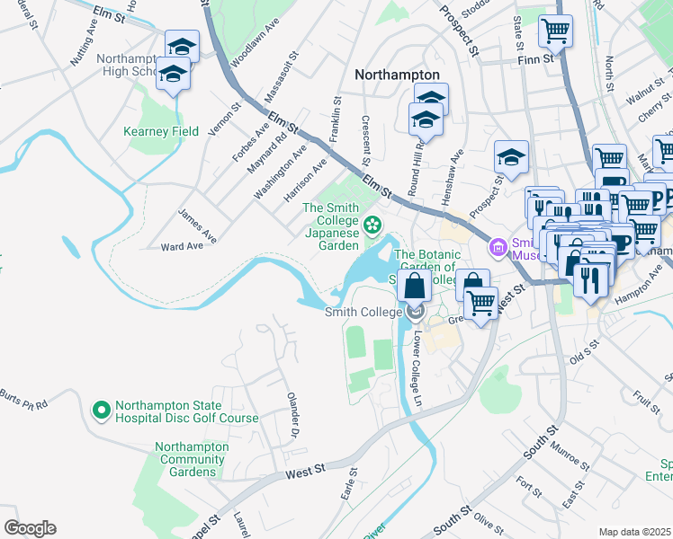 map of restaurants, bars, coffee shops, grocery stores, and more near 66 Paradise Road in Northampton