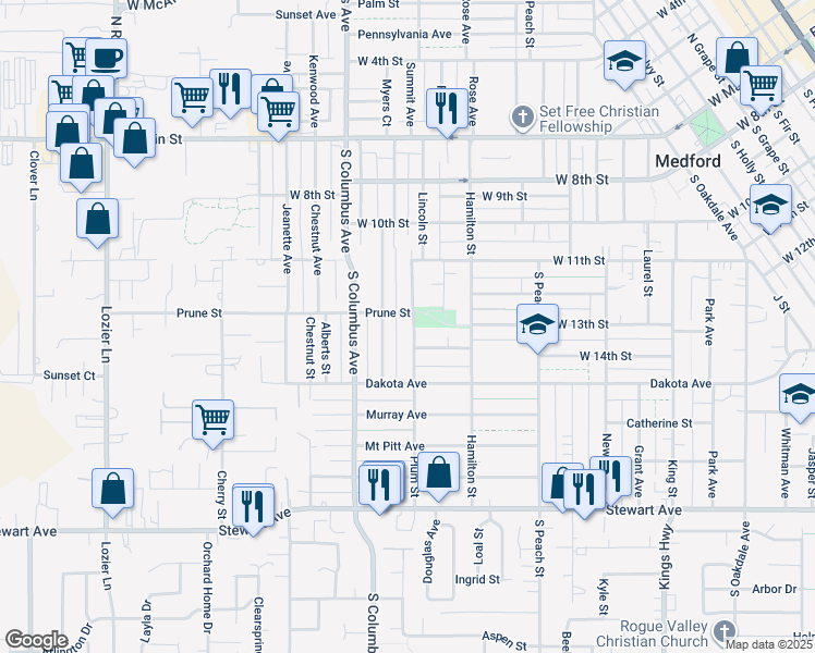map of restaurants, bars, coffee shops, grocery stores, and more near 520 Plum Street in Medford