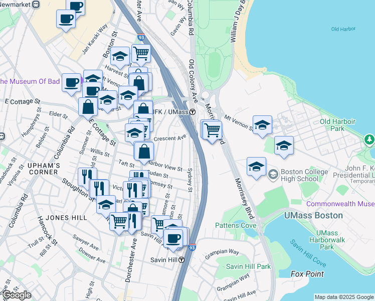 map of restaurants, bars, coffee shops, grocery stores, and more near 21 Spring Garden Street in Boston