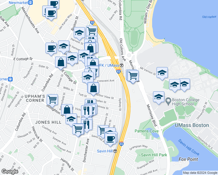 map of restaurants, bars, coffee shops, grocery stores, and more near 21 Spring Garden Street in Boston