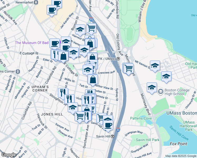map of restaurants, bars, coffee shops, grocery stores, and more near 29 Raven Street in Boston