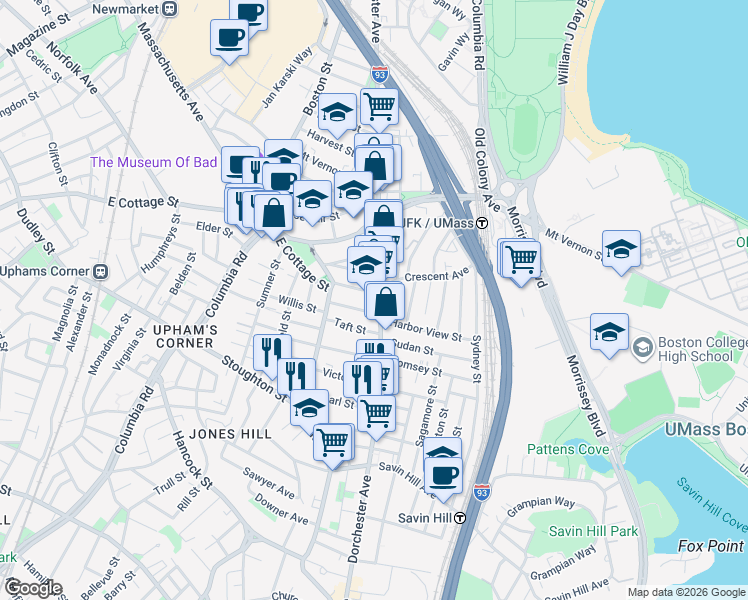 map of restaurants, bars, coffee shops, grocery stores, and more near in Boston
