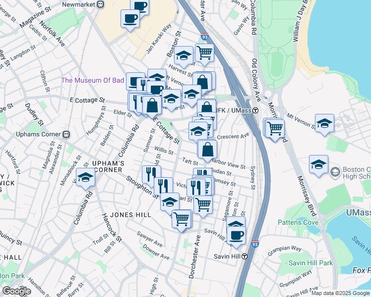 map of restaurants, bars, coffee shops, grocery stores, and more near 15 Howes Street in Boston