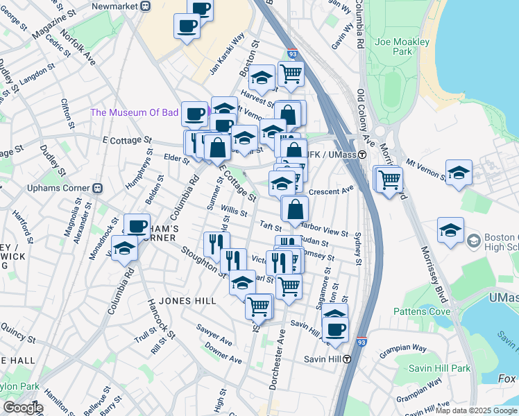 map of restaurants, bars, coffee shops, grocery stores, and more near 15 Howes Street in Boston