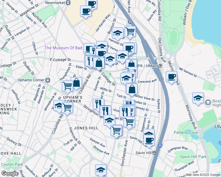 map of restaurants, bars, coffee shops, grocery stores, and more near 9 Willis Street in Boston
