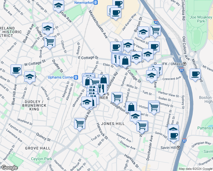 map of restaurants, bars, coffee shops, grocery stores, and more near 622 Columbia Road in Boston
